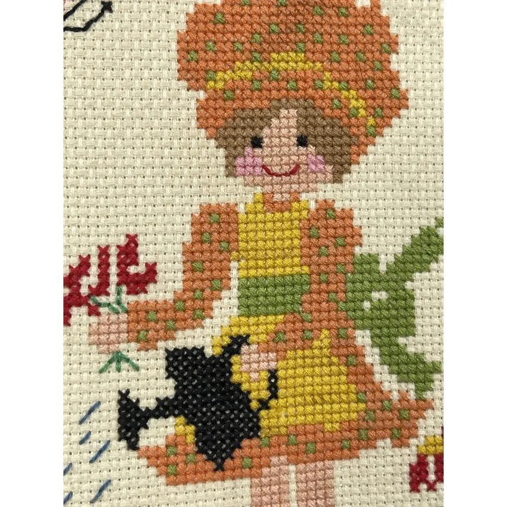Vintage Cross Stitch Framed Quote Sunshine Love Girl Garden Floral 13x10
